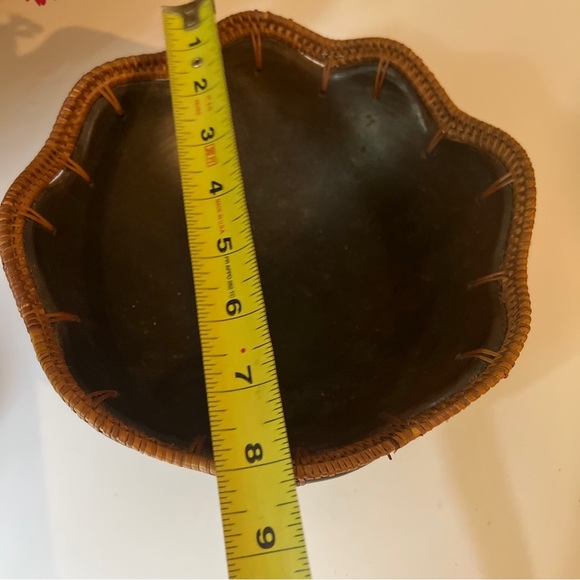 Vintage Wood Clay and Rattan bowl. woven wicker trim Hand Crafted In Indonesia - Picture 4 of 10